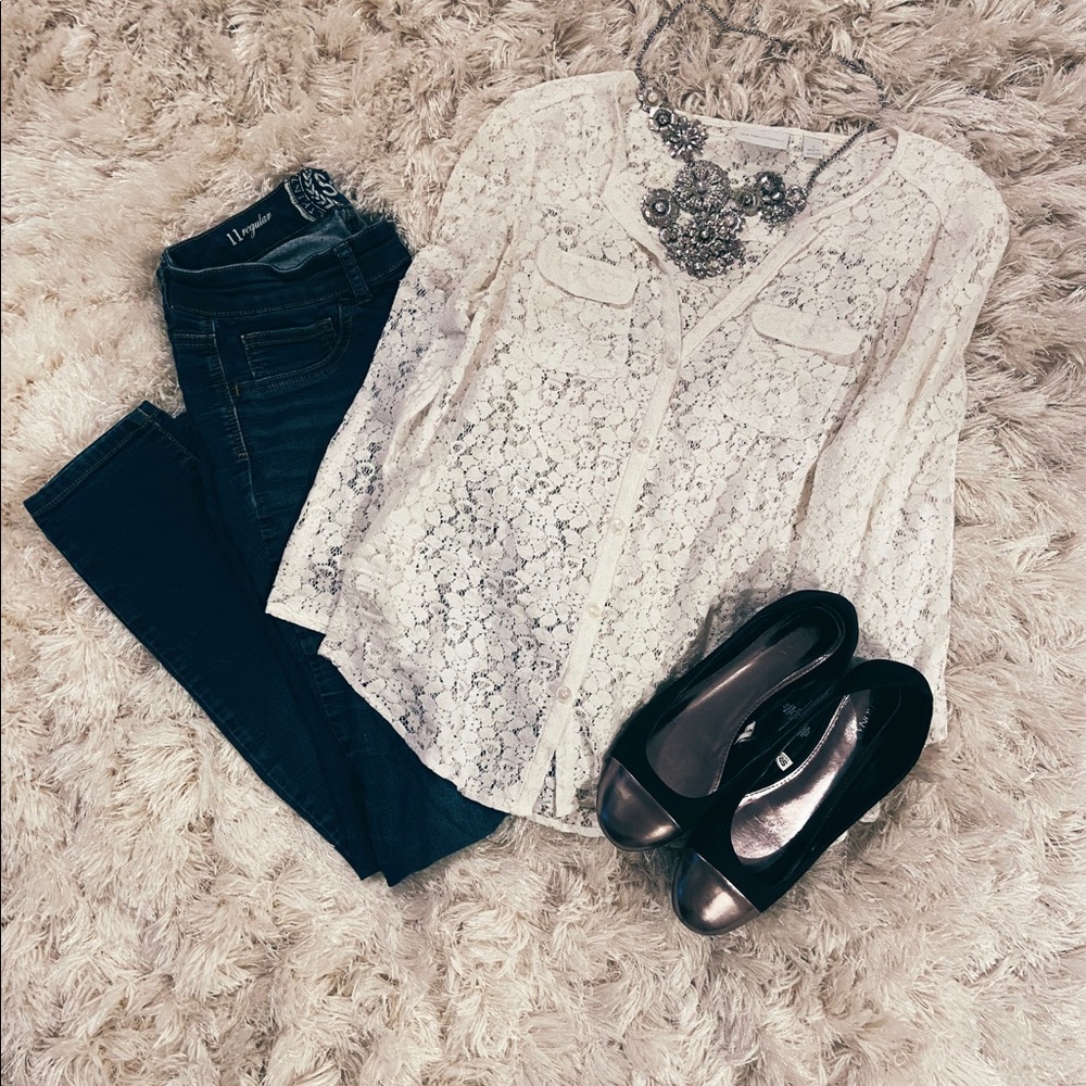 New York & Co. white lace button down